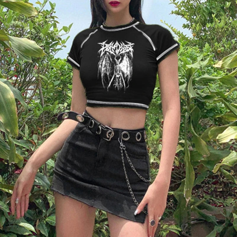 Harajuku Demon Punk Crop Top – Gothic Anime Print Slim Tee