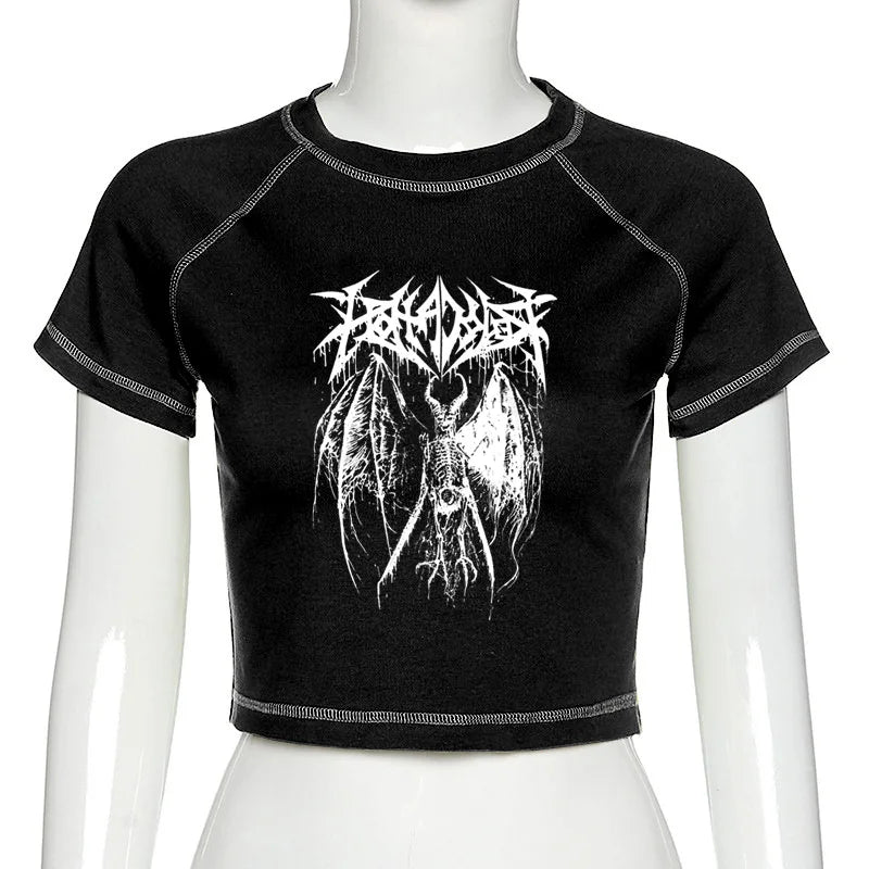 Harajuku Demon Punk Crop Top – Gothic Anime Print Slim Tee