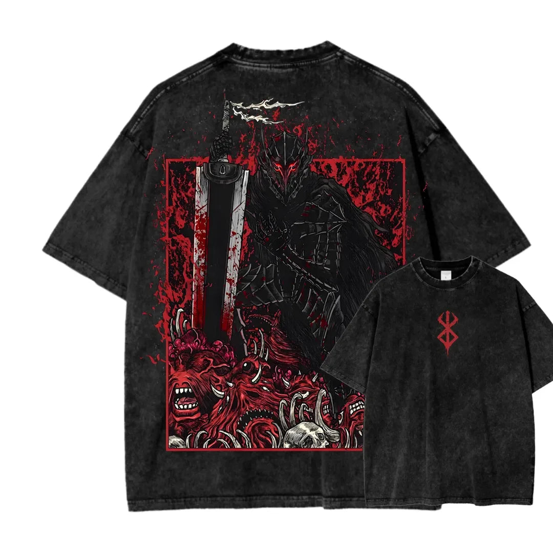 Berserk Guts Vintage Washed Tee – Harajuku Oversized Anime Shirt