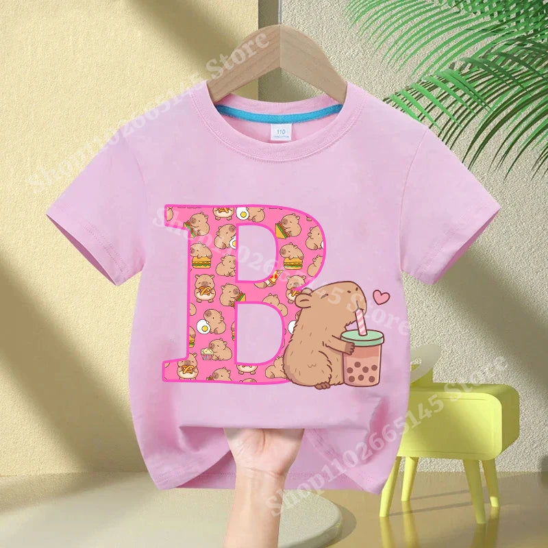 Kawaii Capybara A–Z Kids Tee - Neon Districts