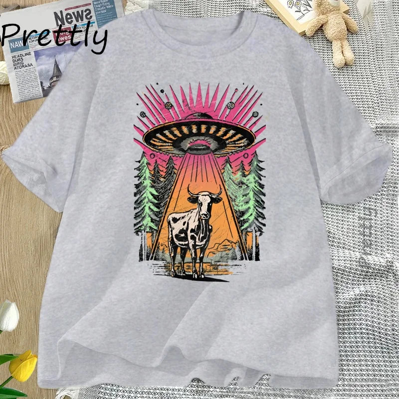 UFO Cow Abduction — Vintage Retro Alien Y2K Streetwear Graphic Tee - Neon Districts