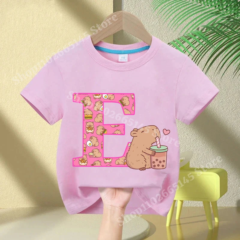 Kawaii Capybara A–Z Kids Tee - Neon Districts