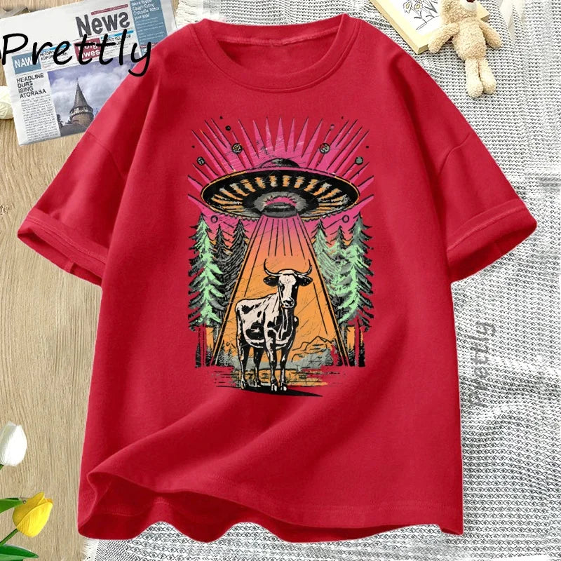 UFO Cow Abduction — Vintage Retro Alien Y2K Streetwear Graphic Tee - Neon Districts