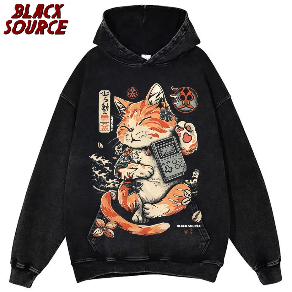 Black Cat Ramen — Vintage Washed Retro Streetwear Graphic Tee - Neon Districts
