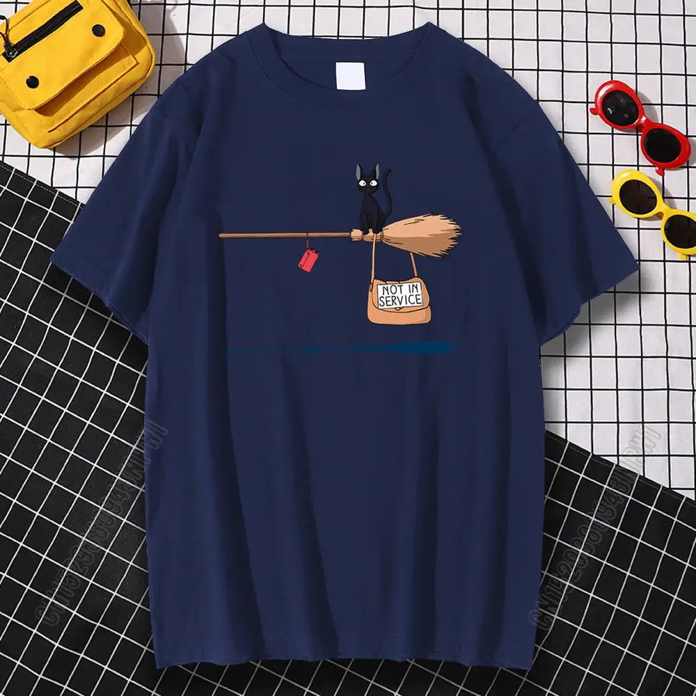 Black Cat on Magic Broom — Not In Service Street Graphic Tee - Neon Districts