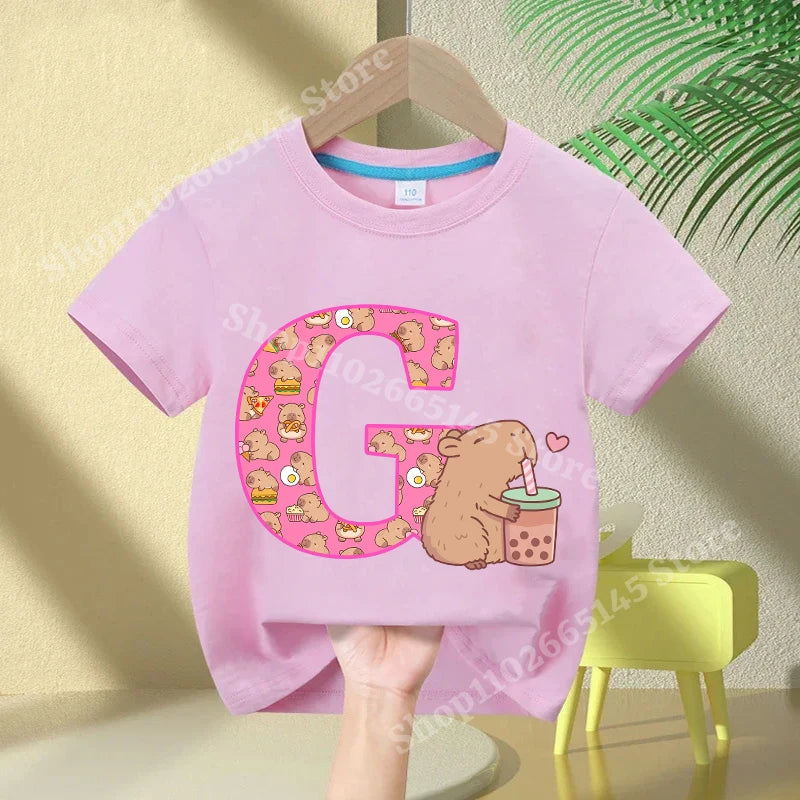 Kawaii Capybara A–Z Kids Tee - Neon Districts
