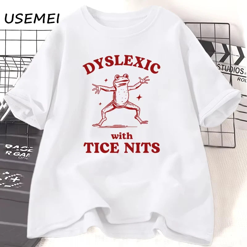 Dyslexic with Tice Nits — Silly Frog Wordplay Meme Graphic Tee - Neon Districts