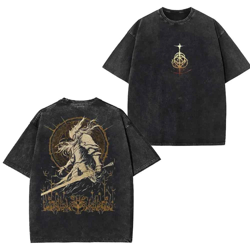Retro Game Print Washed Tee – American Street Hip-Hop Oversized
