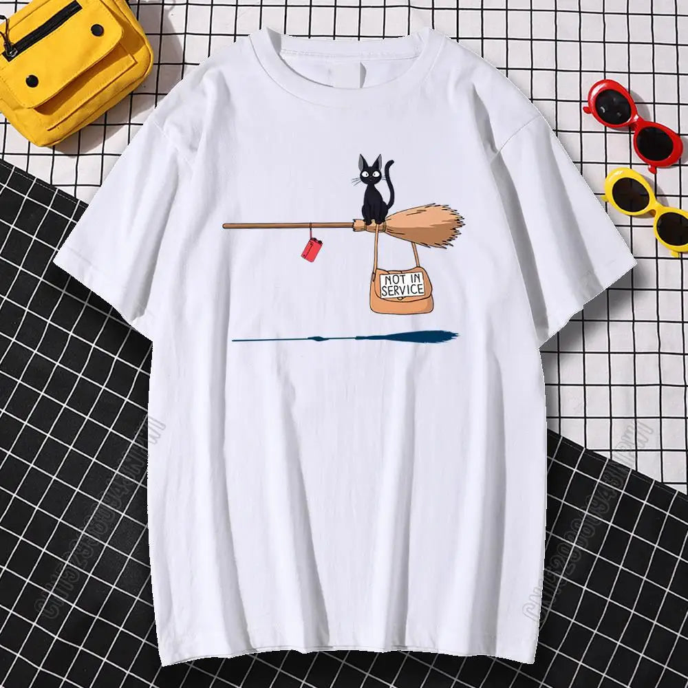Black Cat on Magic Broom — Not In Service Street Graphic Tee - Neon Districts