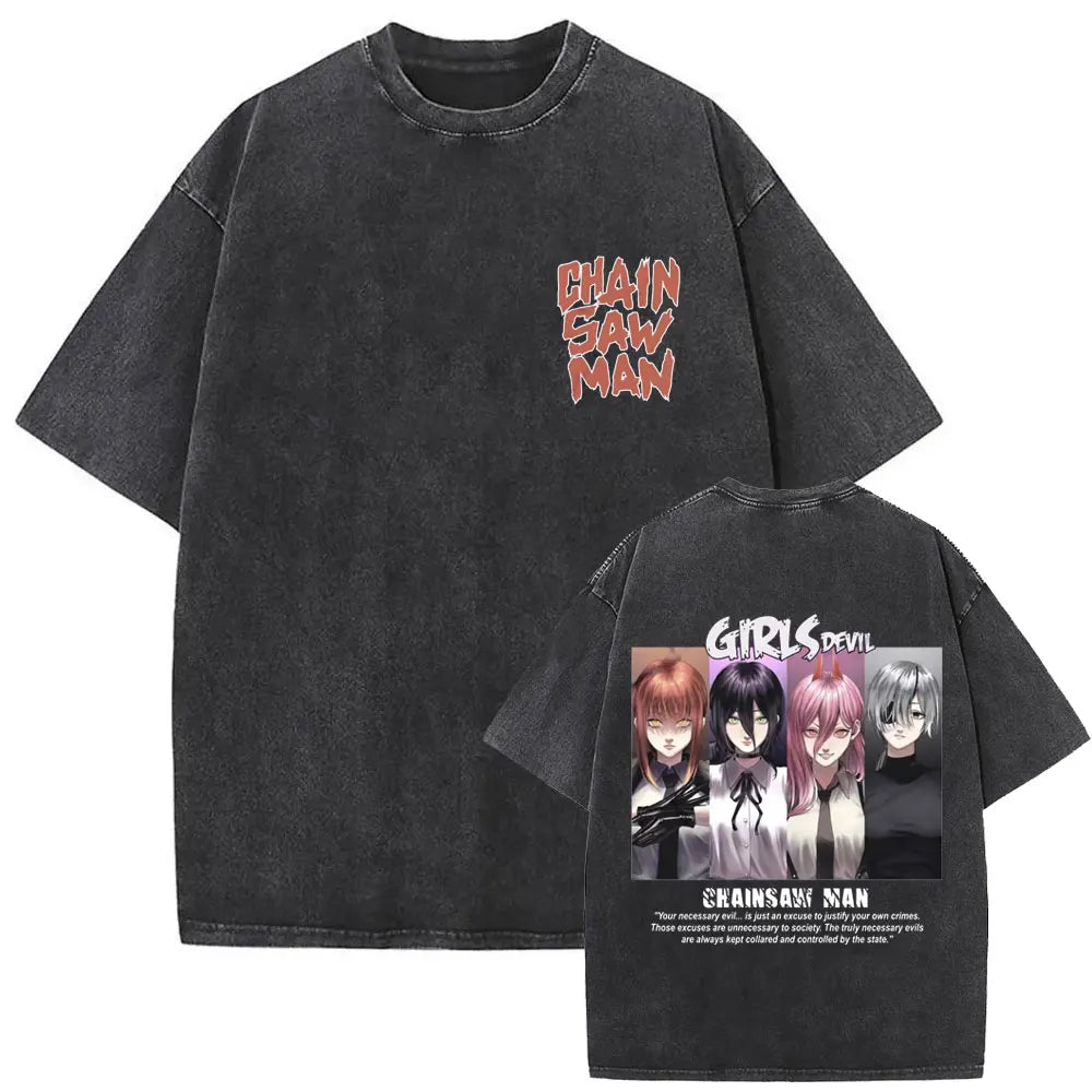 Chainsaw Man Denji & Pochita Vintage Tee – Washed Oversized Anime