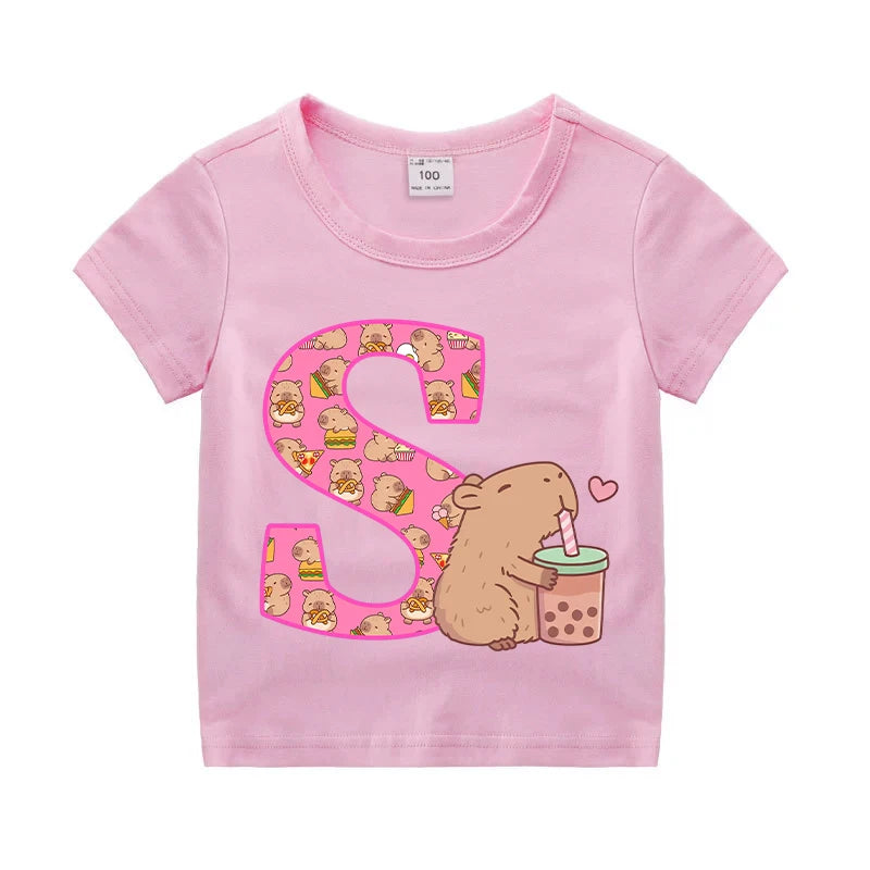 Kawaii Capybara A–Z Kids Tee - Neon Districts