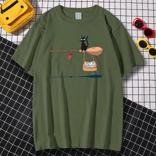 Black Cat on Magic Broom — Not In Service Street Graphic Tee - Neon Districts