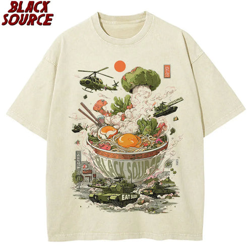 Cat Eating Ramen — Vintage Japanese Noodles Graphic Tee - Neon Districts