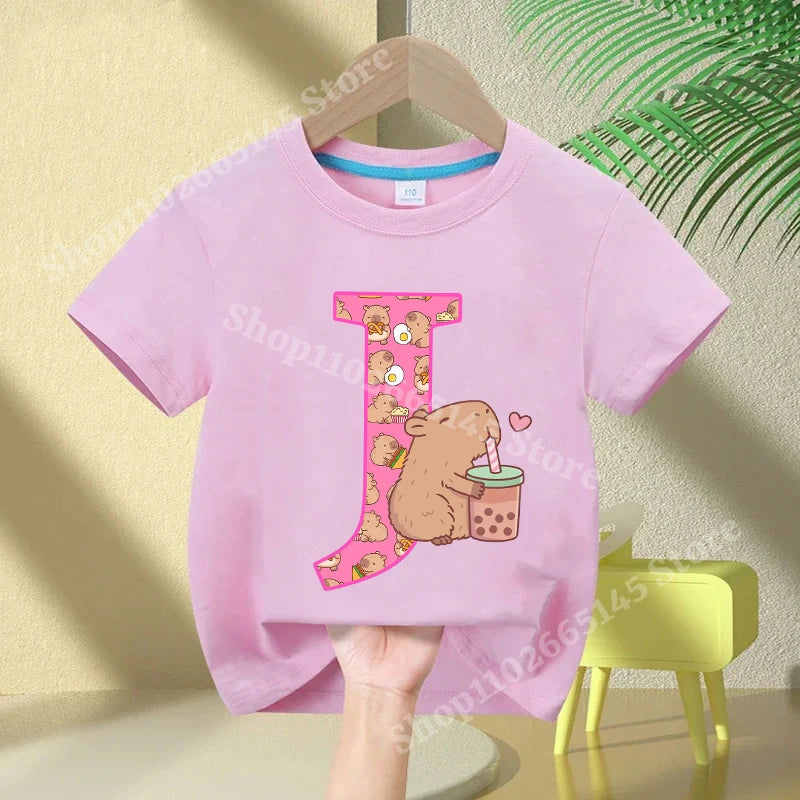 Kawaii Capybara A–Z Kids Tee - Neon Districts