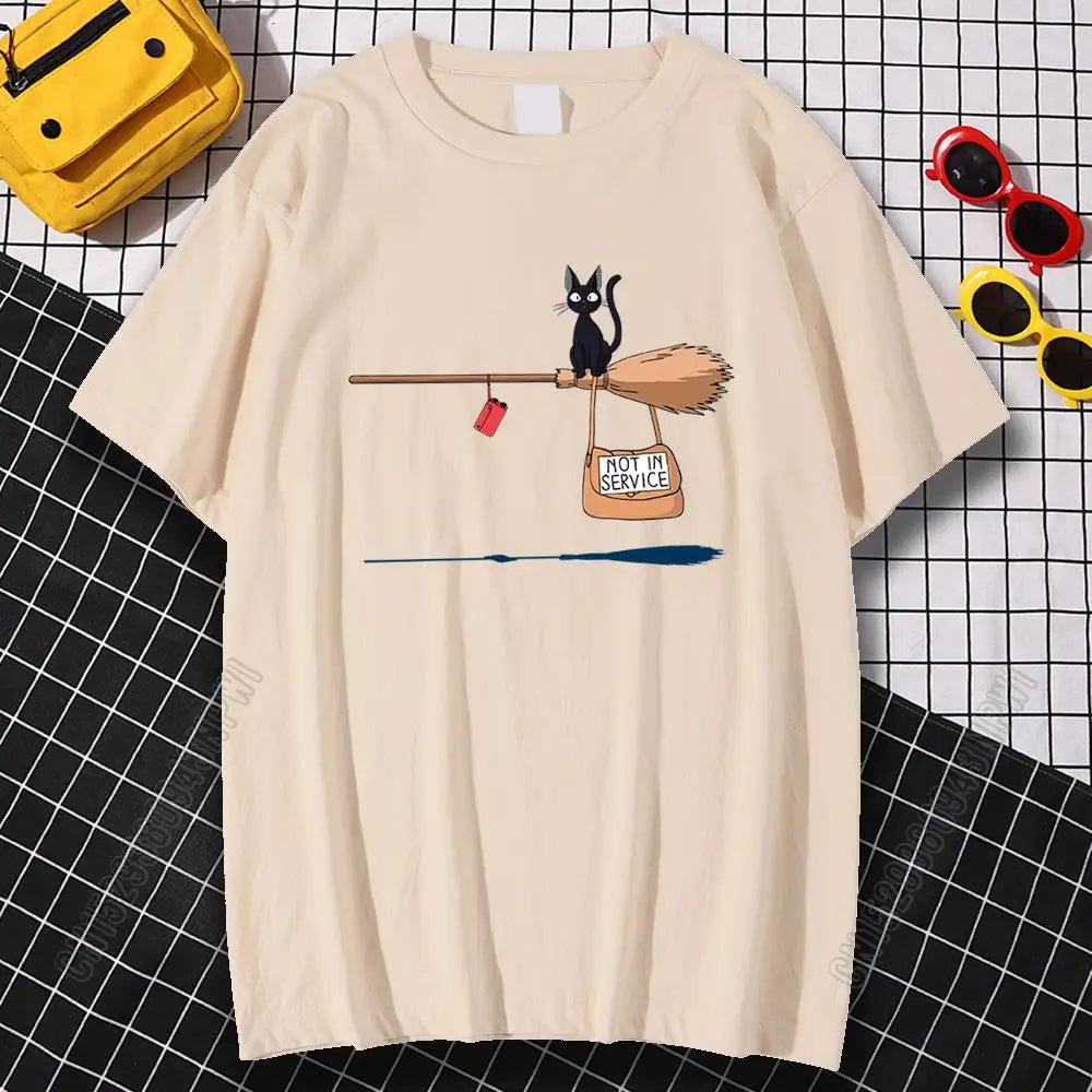 Black Cat on Magic Broom — Not In Service Street Graphic Tee - Neon Districts