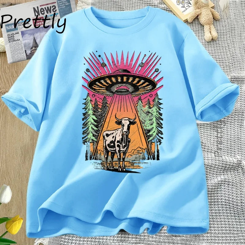 UFO Cow Abduction — Vintage Retro Alien Y2K Streetwear Graphic Tee - Neon Districts