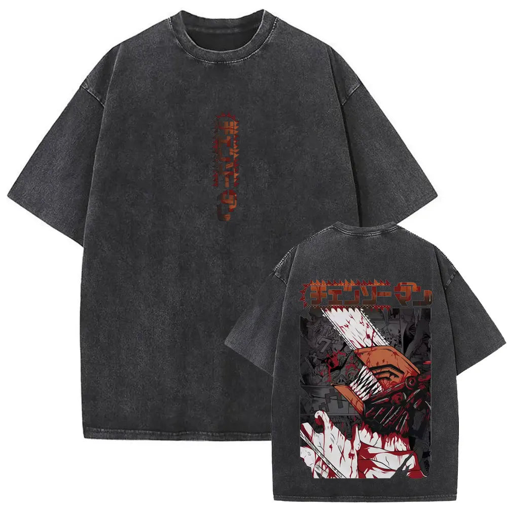 Chainsaw Man Denji & Pochita Vintage Tee – Washed Oversized Anime