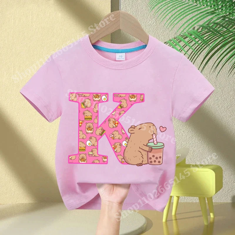 Kawaii Capybara A–Z Kids Tee - Neon Districts