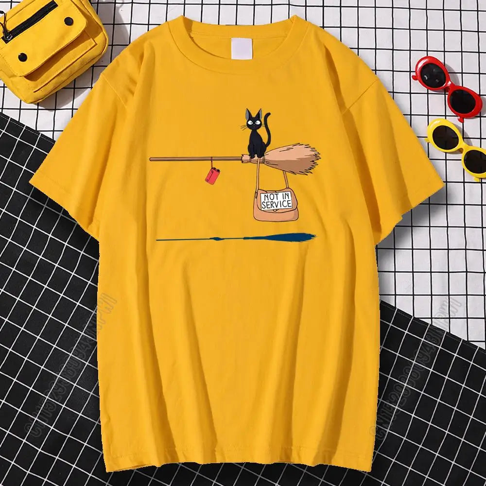 Black Cat on Magic Broom — Not In Service Street Graphic Tee - Neon Districts