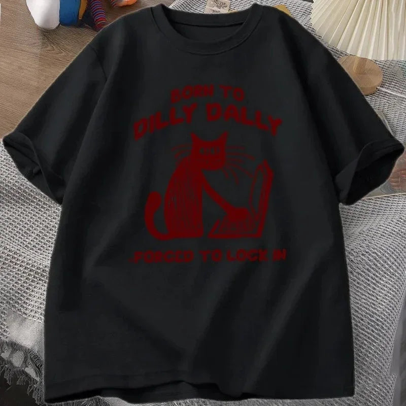 Born to Dilly Dally, Forced to Lock In — Cat Work Meme Women's Tee - Neon Districts