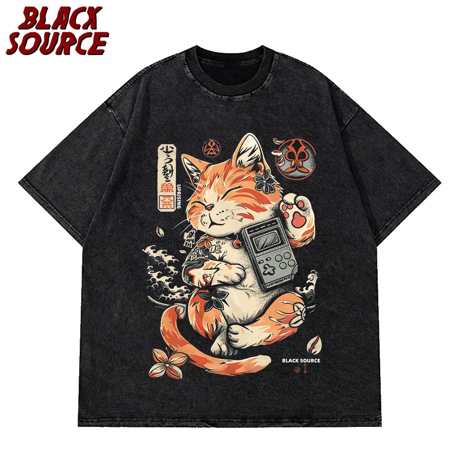 Black Cat Ramen — Vintage Washed Retro Streetwear Graphic Tee - Neon Districts