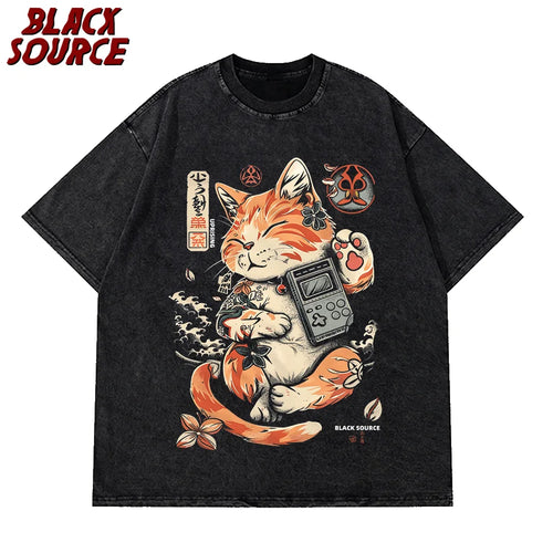 Black Cat Ramen — Vintage Washed Retro Streetwear Graphic Tee - Neon Districts