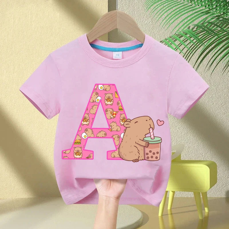 Kawaii Capybara A–Z Kids Tee - Neon Districts