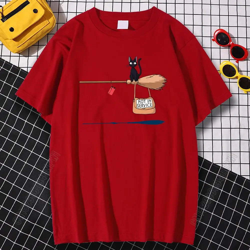 Black Cat on Magic Broom — Not In Service Street Graphic Tee - Neon Districts
