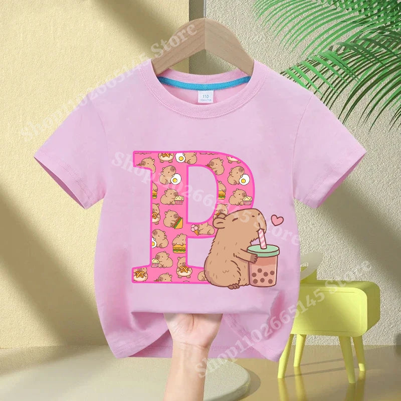 Kawaii Capybara A–Z Kids Tee - Neon Districts