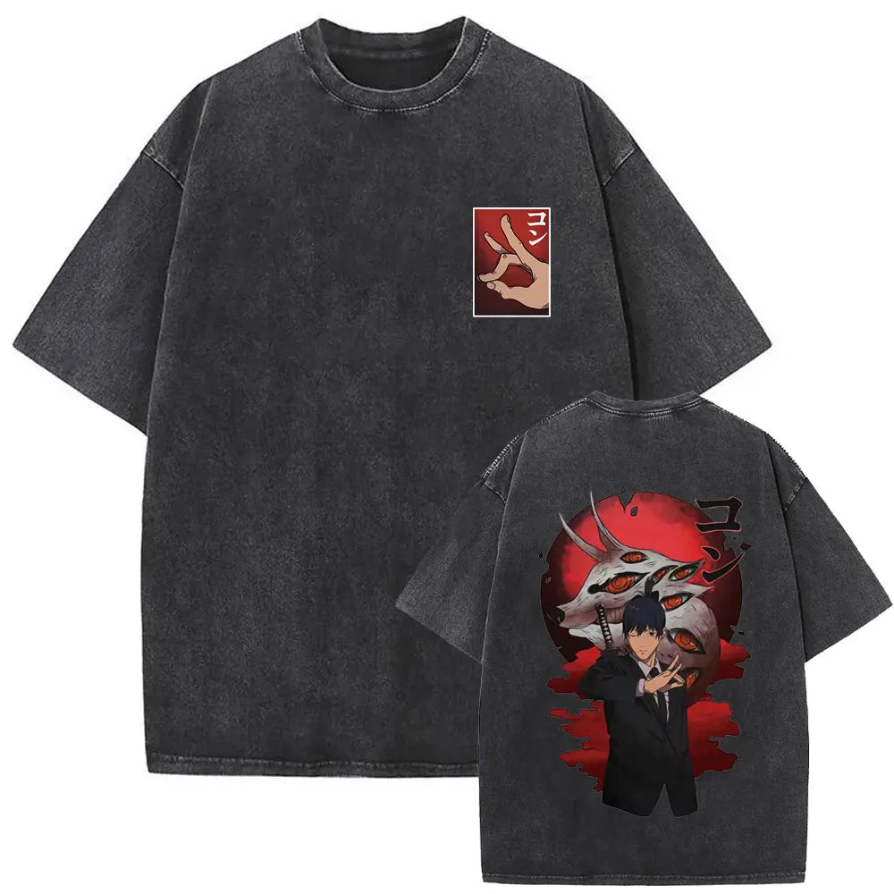 Chainsaw Man Denji & Pochita Vintage Tee – Washed Oversized Anime