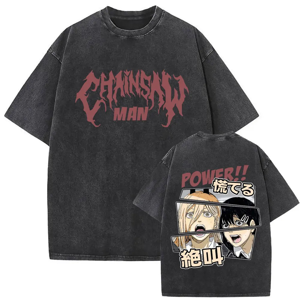 Chainsaw Man Denji & Pochita Vintage Tee – Washed Oversized Anime