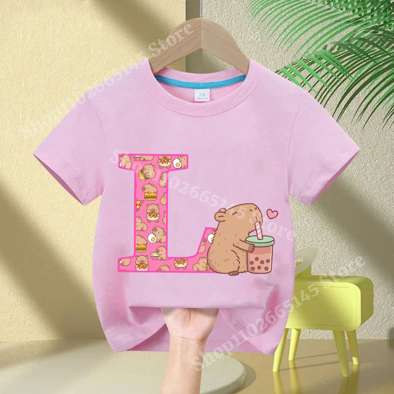 Kawaii Capybara A–Z Kids Tee - Neon Districts