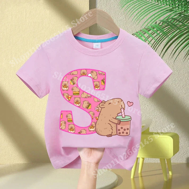Kawaii Capybara A–Z Kids Tee - Neon Districts
