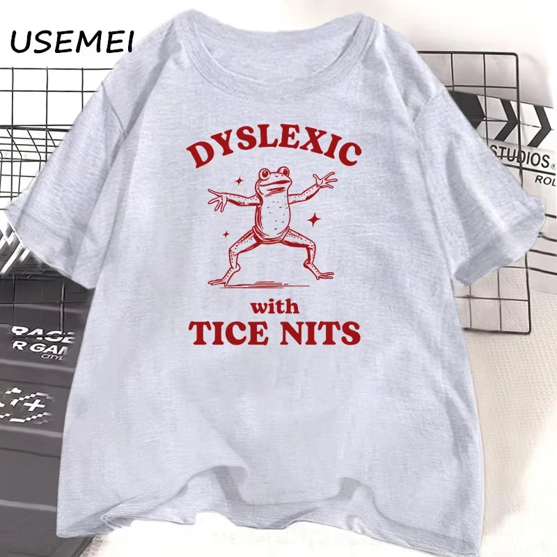 Dyslexic with Tice Nits — Silly Frog Wordplay Meme Graphic Tee - Neon Districts