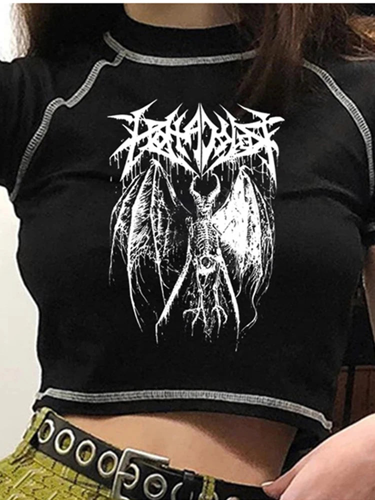 Harajuku Demon Punk Crop Top – Gothic Anime Print Slim Tee