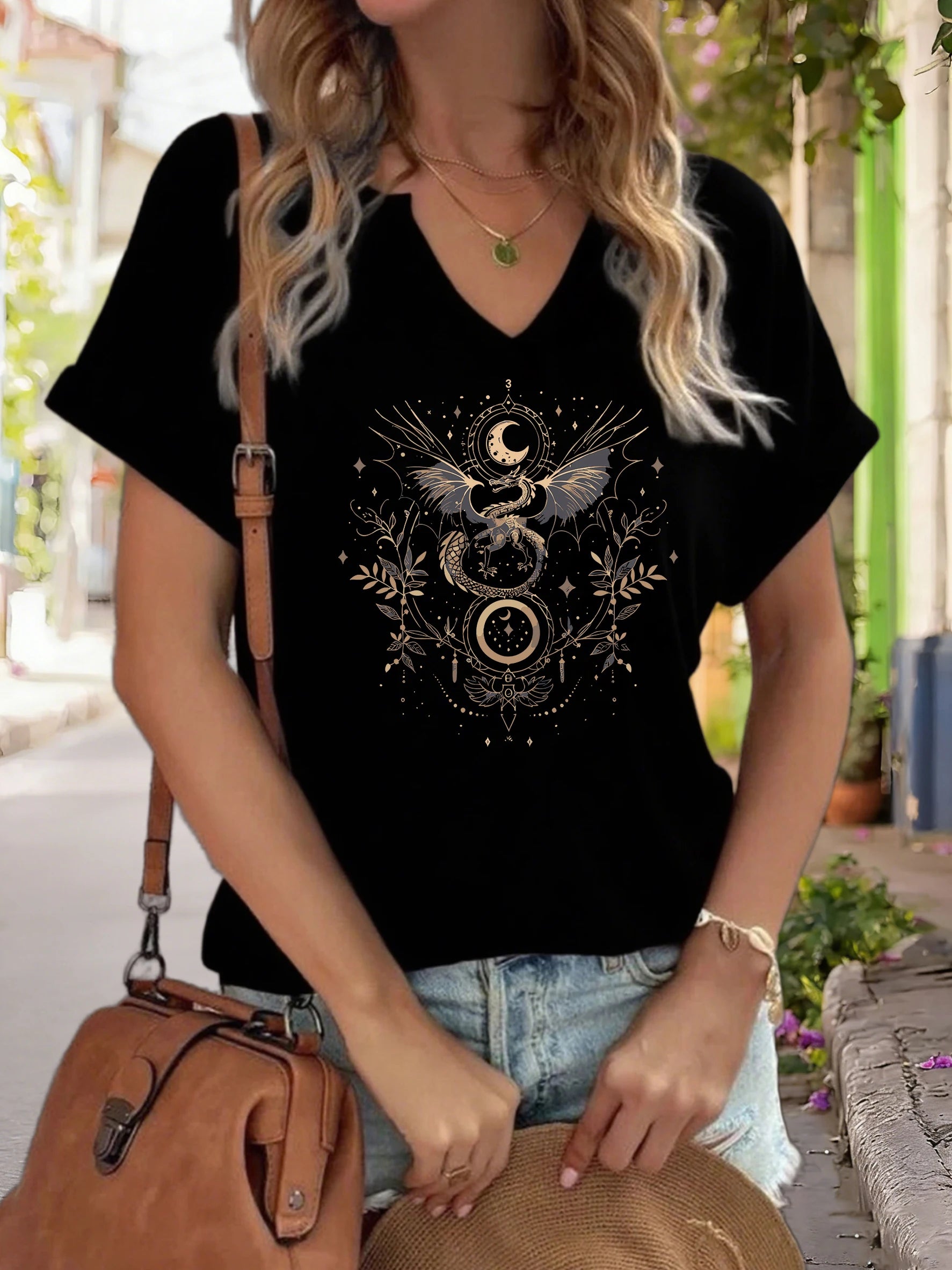 Celestial Dragon & Moon V-Neck Tee - Neon Districts