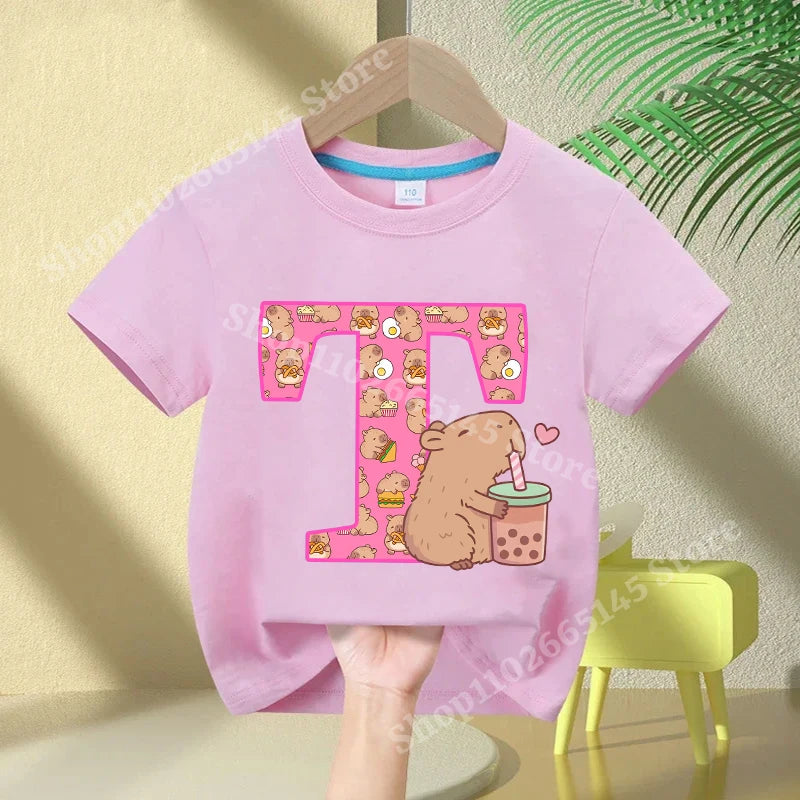 Kawaii Capybara A–Z Kids Tee - Neon Districts