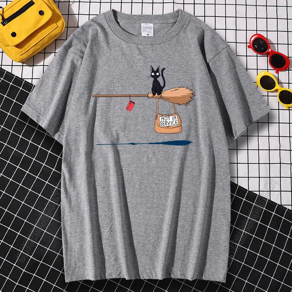 Black Cat on Magic Broom — Not In Service Street Graphic Tee - Neon Districts