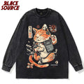 Black Cat Ramen — Vintage Washed Retro Streetwear Graphic Tee - Neon Districts