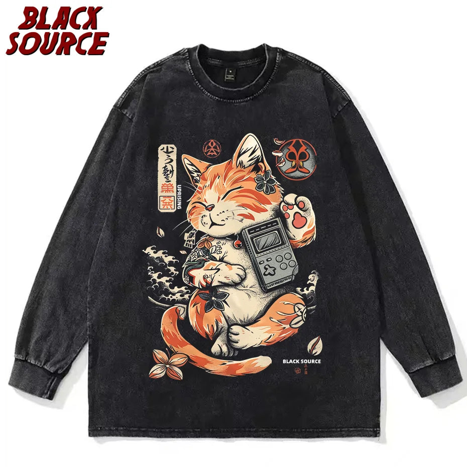 Black Cat Ramen — Vintage Washed Retro Streetwear Graphic Tee - Neon Districts