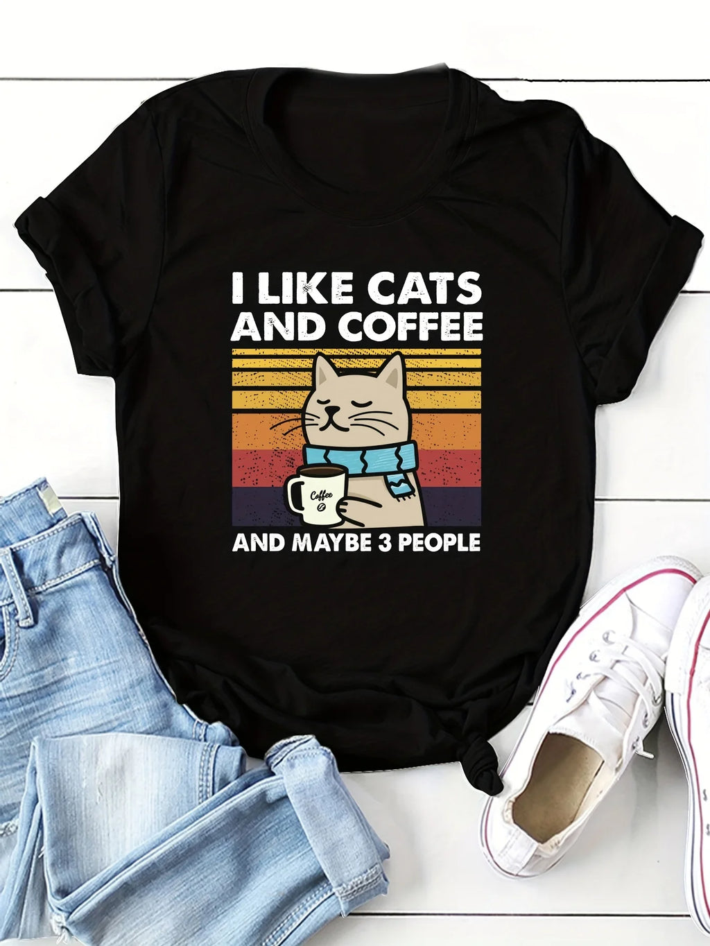 Cat & Coffee Crew Neck Tee - Neon Districts