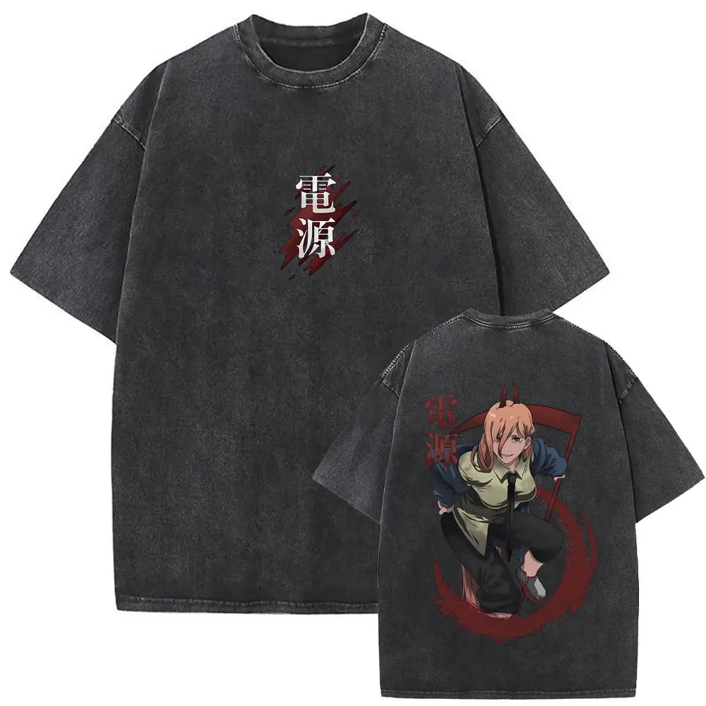 Chainsaw Man Denji & Pochita Vintage Tee – Washed Oversized Anime
