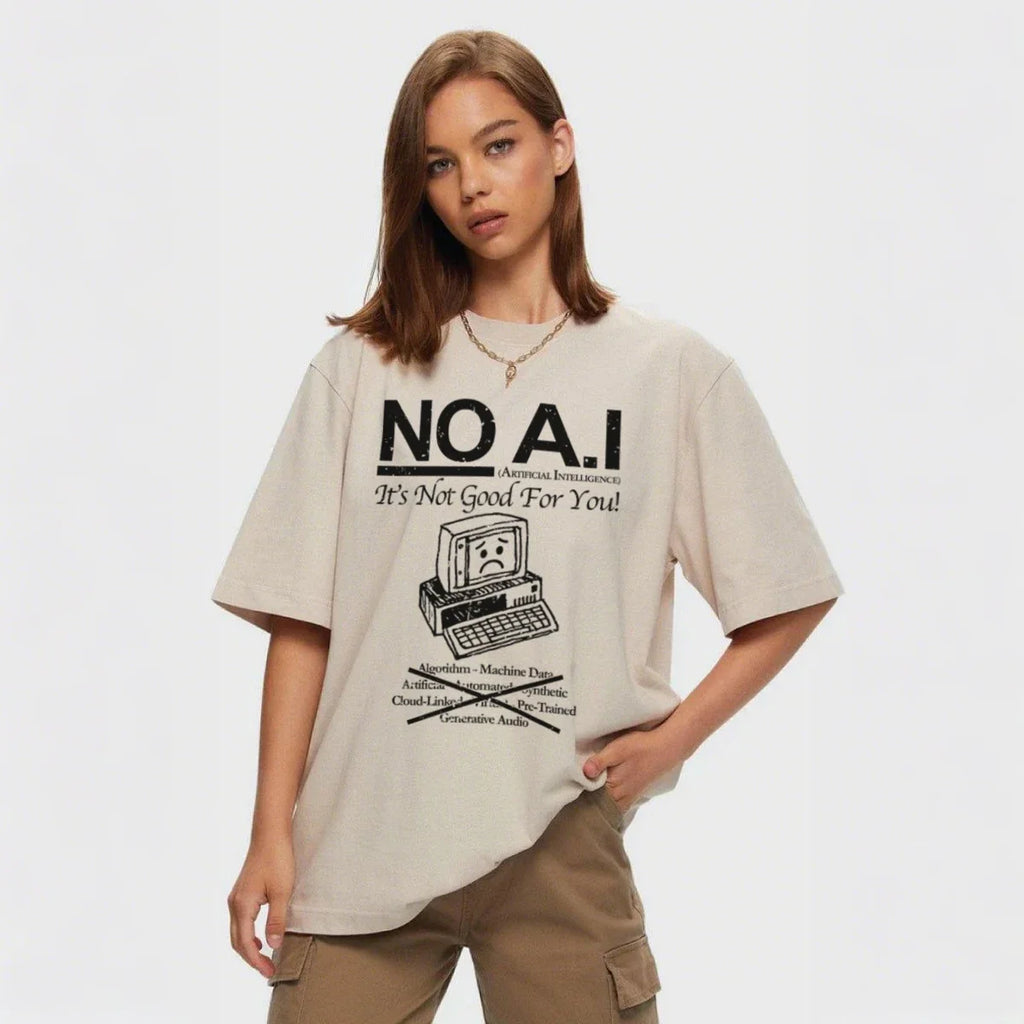 No AI — 90s Retro Anti-AI Hippie Oversized Streetwear Tee - Neon Districts