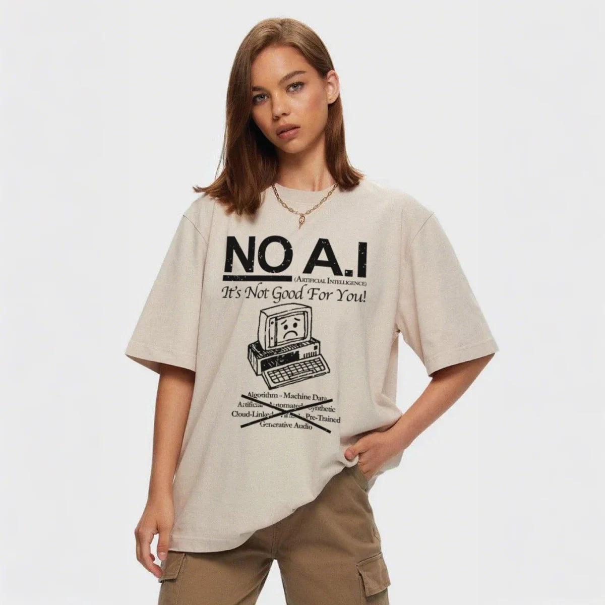 No AI — 90s Retro Anti-AI Hippie Oversized Streetwear Tee - Neon Districts