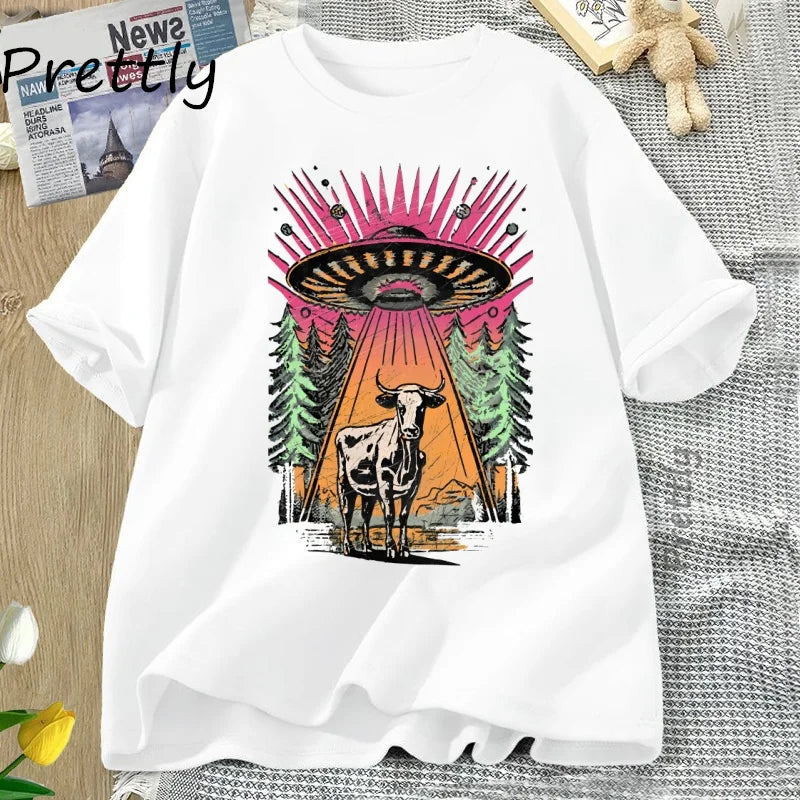 UFO Cow Abduction — Vintage Retro Alien Y2K Streetwear Graphic Tee - Neon Districts