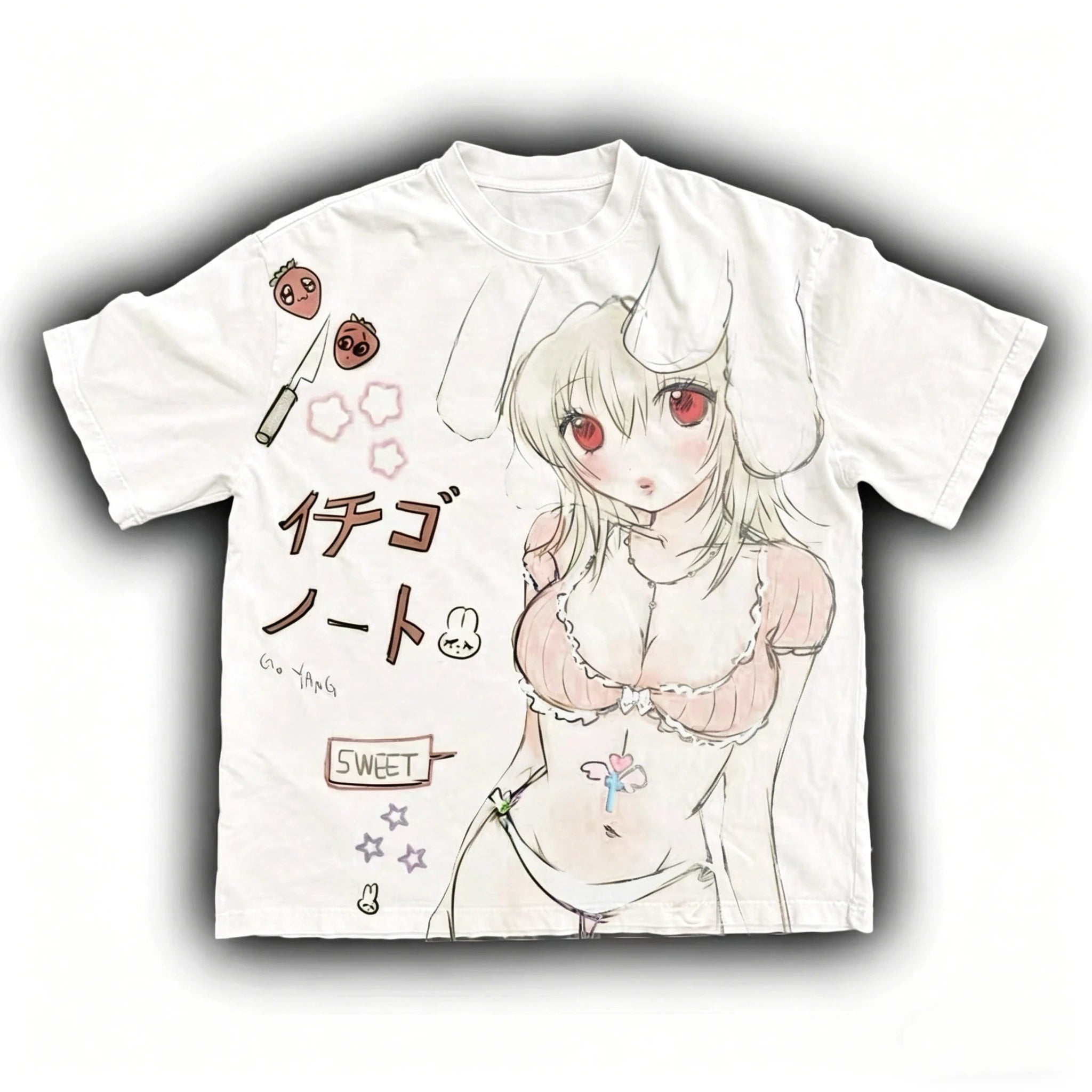 Y2K Harajuku Strawberry Tee - Oversized Anime Girl Graphic Tee - Neon Districts