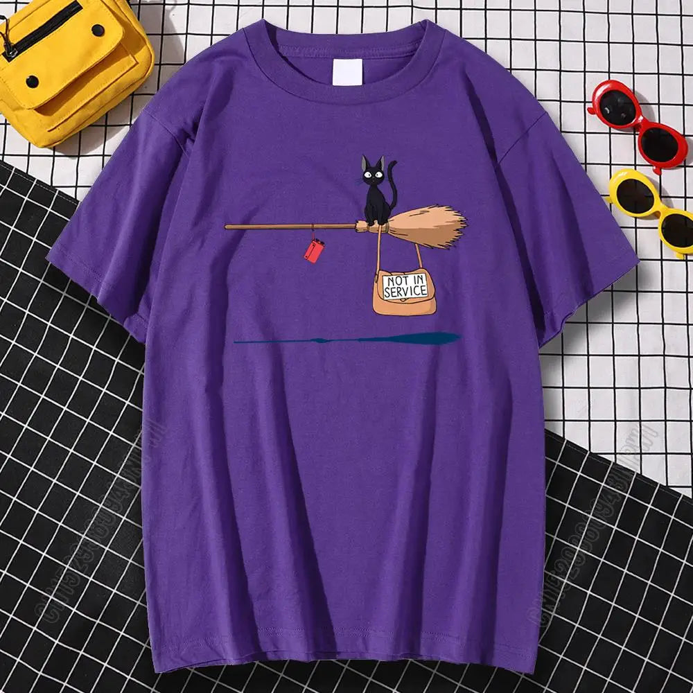 Black Cat on Magic Broom — Not In Service Street Graphic Tee - Neon Districts
