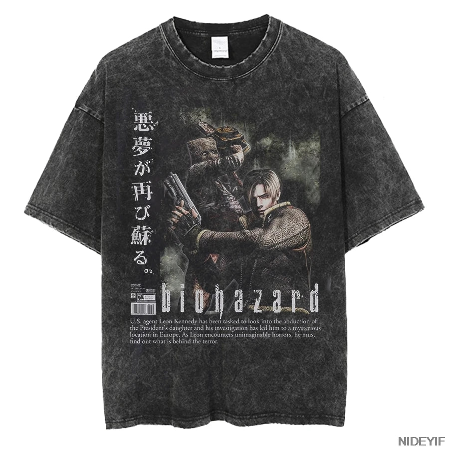 Resident Evil Leon Kennedy Vintage Oversized Tee – Biohazard Print