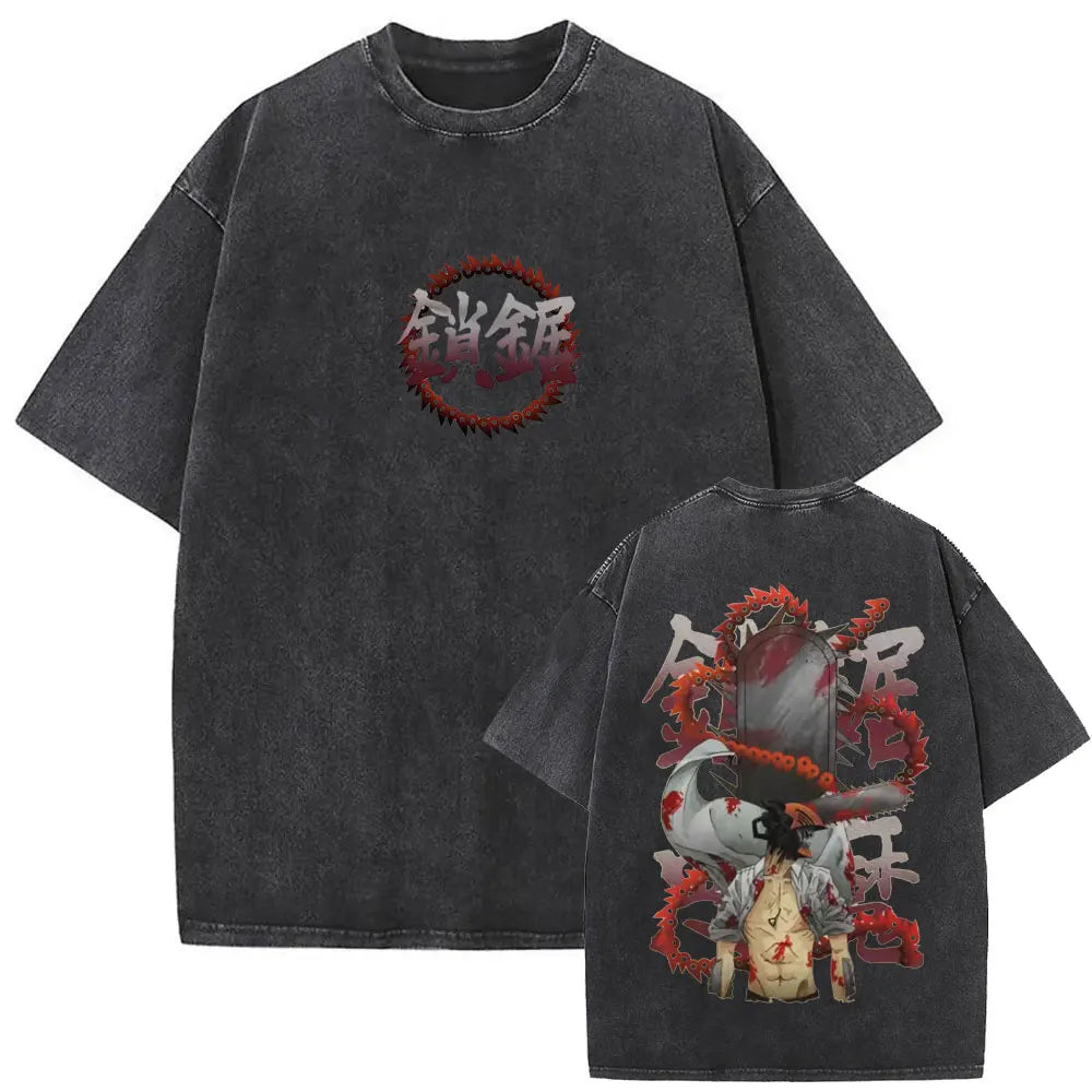 Chainsaw Man Denji & Pochita Vintage Tee – Washed Oversized Anime
