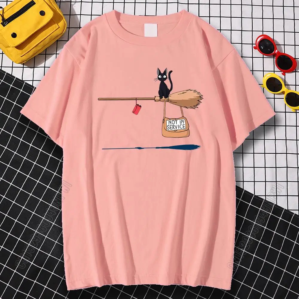 Black Cat on Magic Broom — Not In Service Street Graphic Tee - Neon Districts